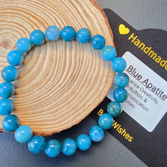 Blue Apatite ✦ Handmade Bracelet ✦ 8mm Beads Elastic Gemstone Jewelry NWT - Picture 4 of 9